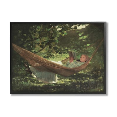 Stupell Girl Reading Book Hammock Classic Vintage Painting Framed Wall Art, Design by Lettered and Lined - Green