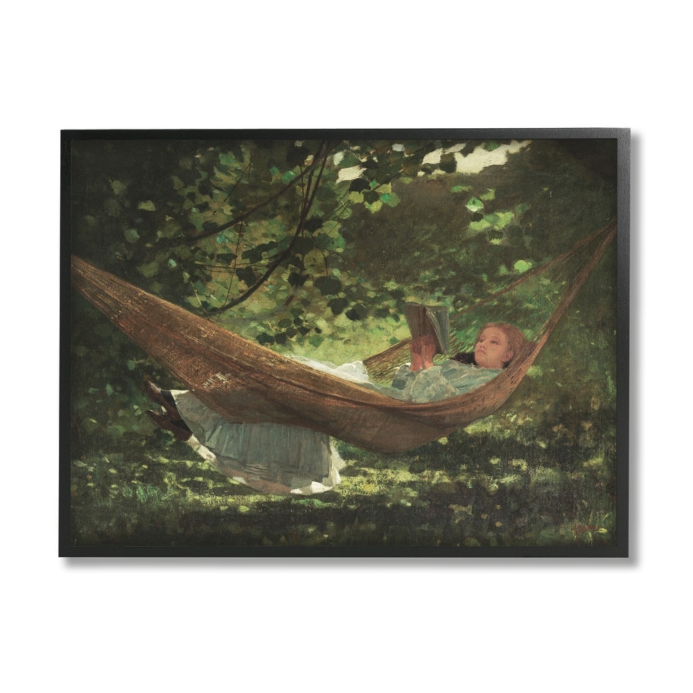 Stupell Girl Reading Book Hammock Classic Vintage Painting Framed Wall Art, Design by Lettered and Lined - Green