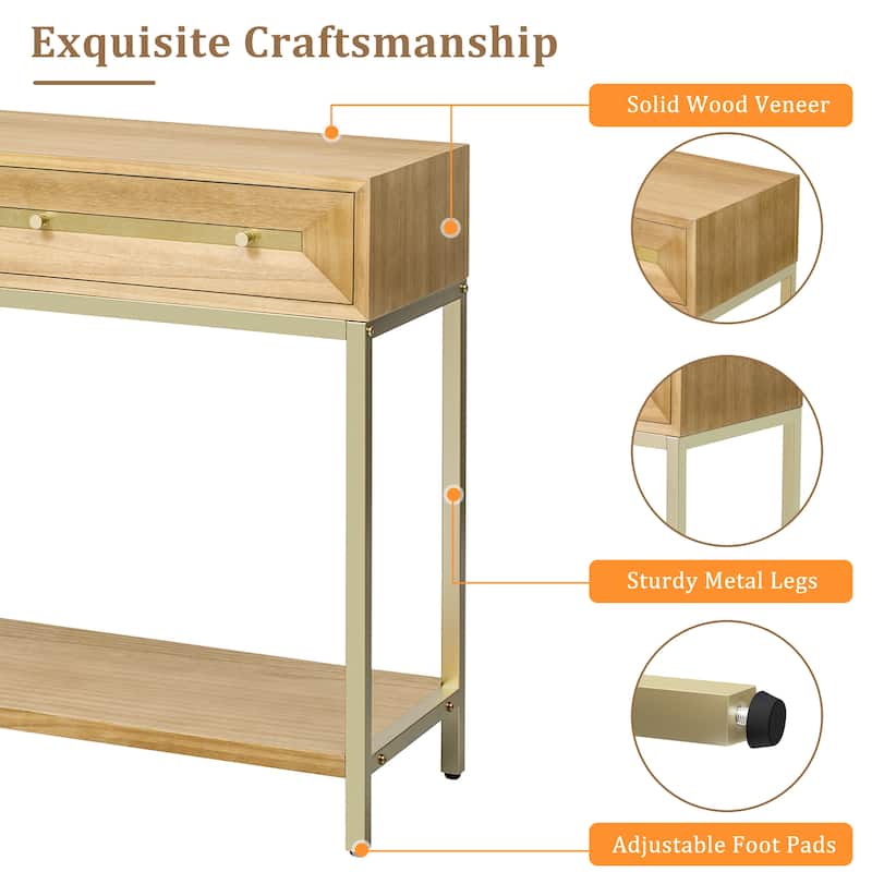 Retro Console Table Hallway Table with 2 Geometric Bevel Drawers, for Entryway and Living Room, Natural