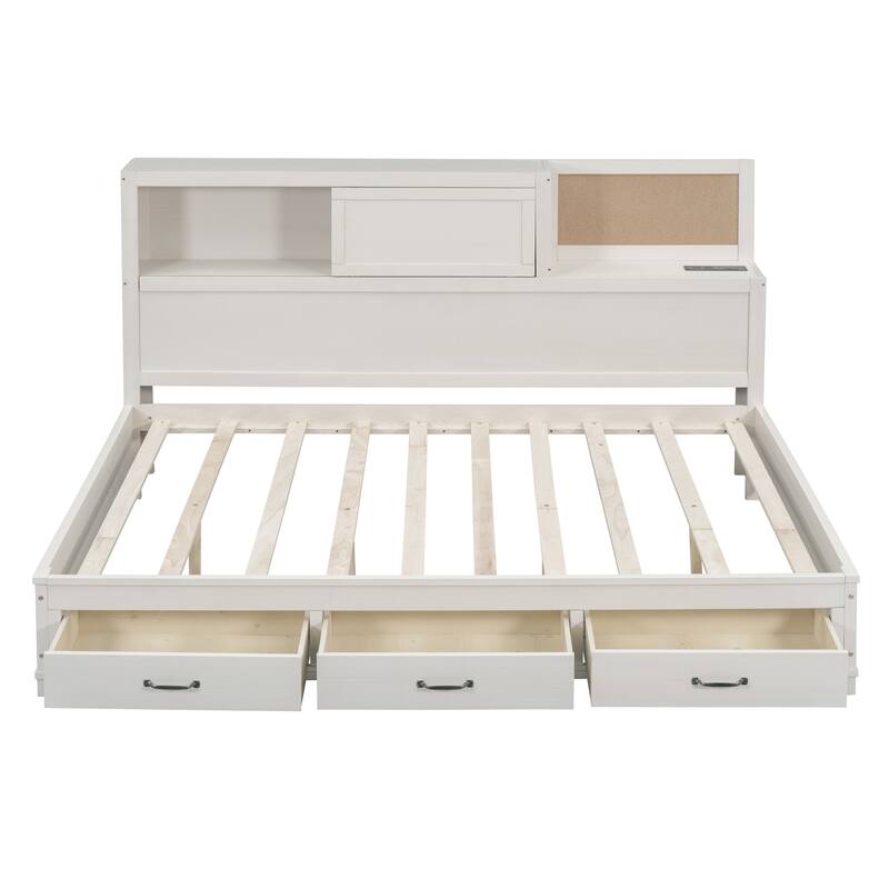 White Full Size Wooden Daybed with Storage Drawers and USB Ports