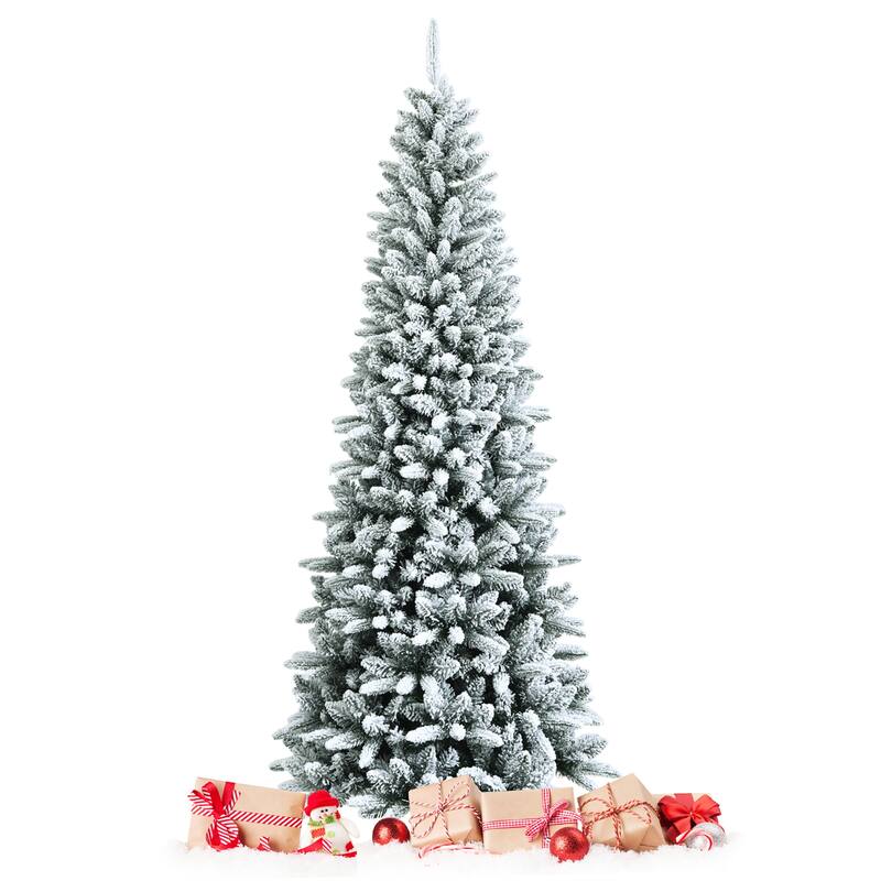 7.5FT Slim Snow Flocked Christmas Tree Hinged Pencil Tree with Stand - 7.5 Foot