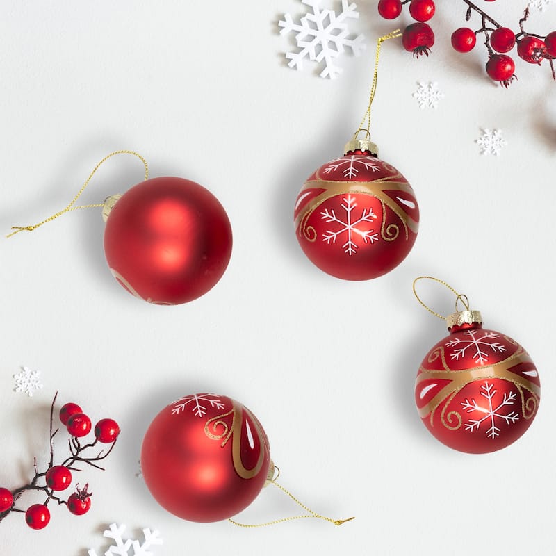 4ct Red Gold Glass Hanging Christmas Ball Ornaments 2.5-Inch (67mm)