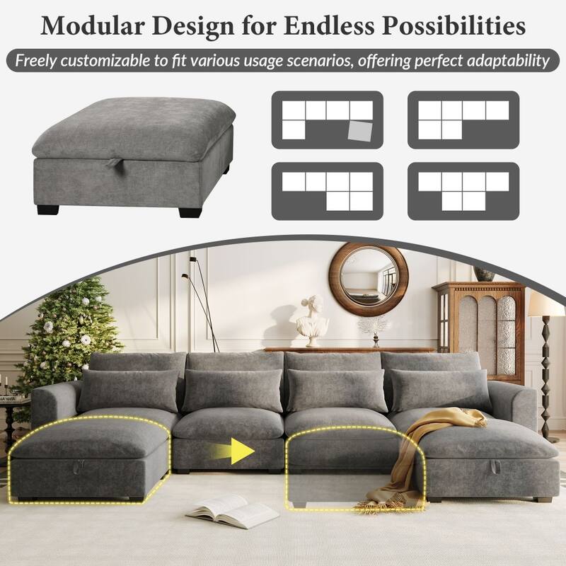 Modern U-shaped Modular Linen Blend Sectional Sofa with 2 Storage Ottomans and 4 lumbar pillows