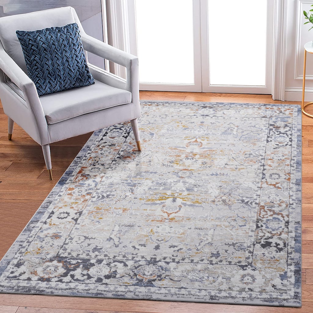 Roomfitters 6x9 Machine Washable Boho Vintage Area Rug, Non-Slip Pet Friendly Indoor Living Room Decor Carpet - Ivory+Grey