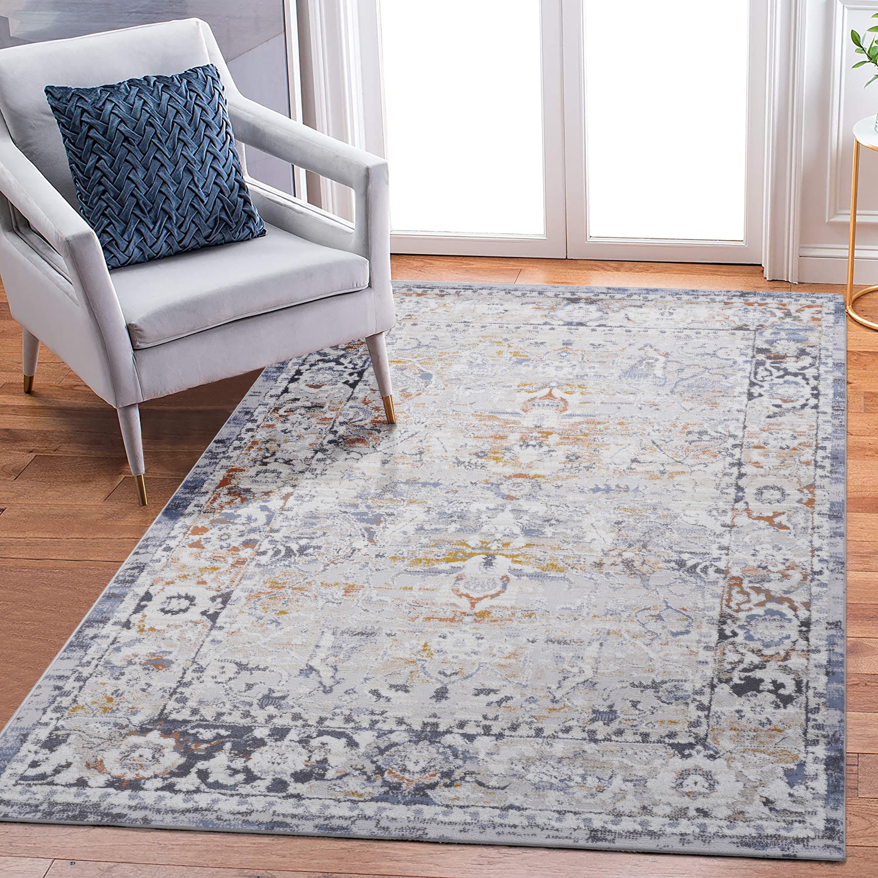 Roomfitters 8x10 Machine Washable Boho Vintage Area Rug, Non-Slip Pet Friendly Indoor Living Room Decor Carpet - Ivory+Grey