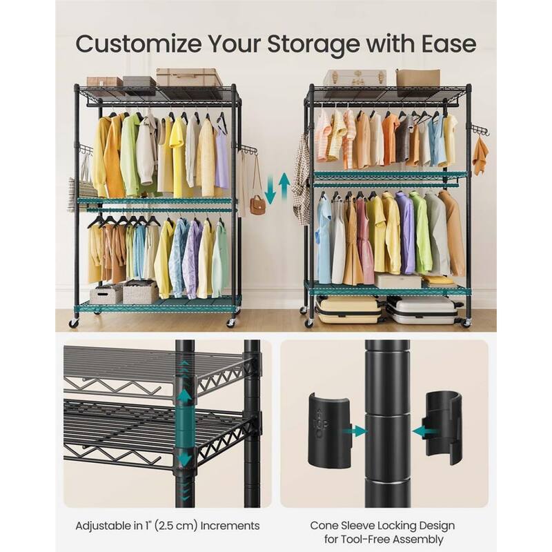 Black Adjustable Garment Rack with Hanging Rails and Shelves Hooks Wheels Heavy-Duty Steel Frame