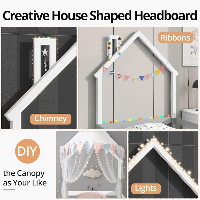 Twin Size House-Shaped Headboard Floor Bed with Fences