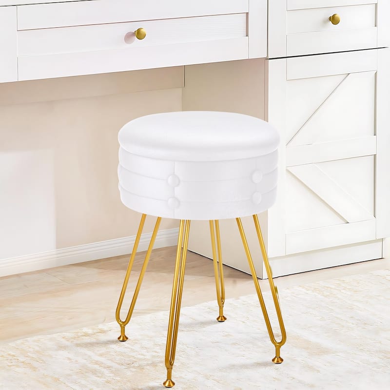 VECELO 18.5"H Multi-Functional Velvet Vanity Stool Tufted Small Vanity Chair with Metal Legs Convertible Storage End Table - White