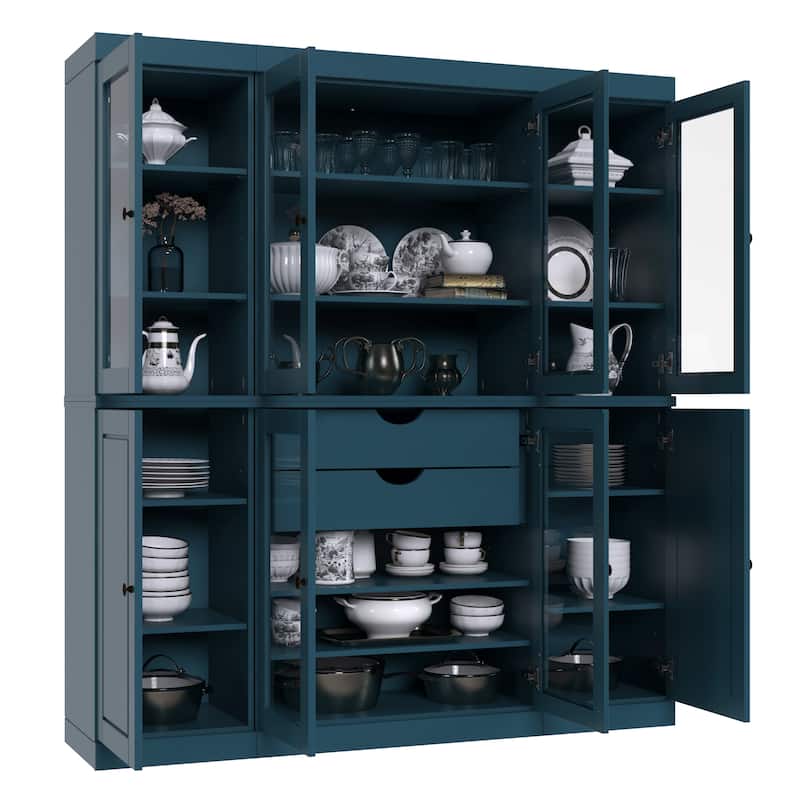 Palace Imports 100% Solid Wood Kitchen China Cabinet Pantry with Glass or Solid Wood Doors and 2-Drawer Kit - 65" x 71.5"