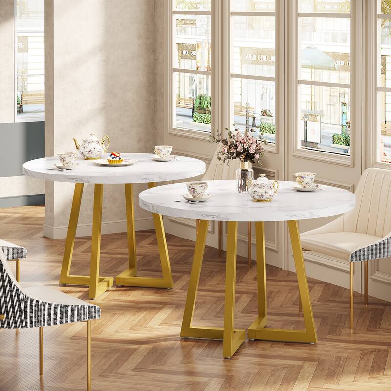 31.5" Round Dining Table for 2, Industrial Dinner Kitchen Table - 2 PCS - White & Gold