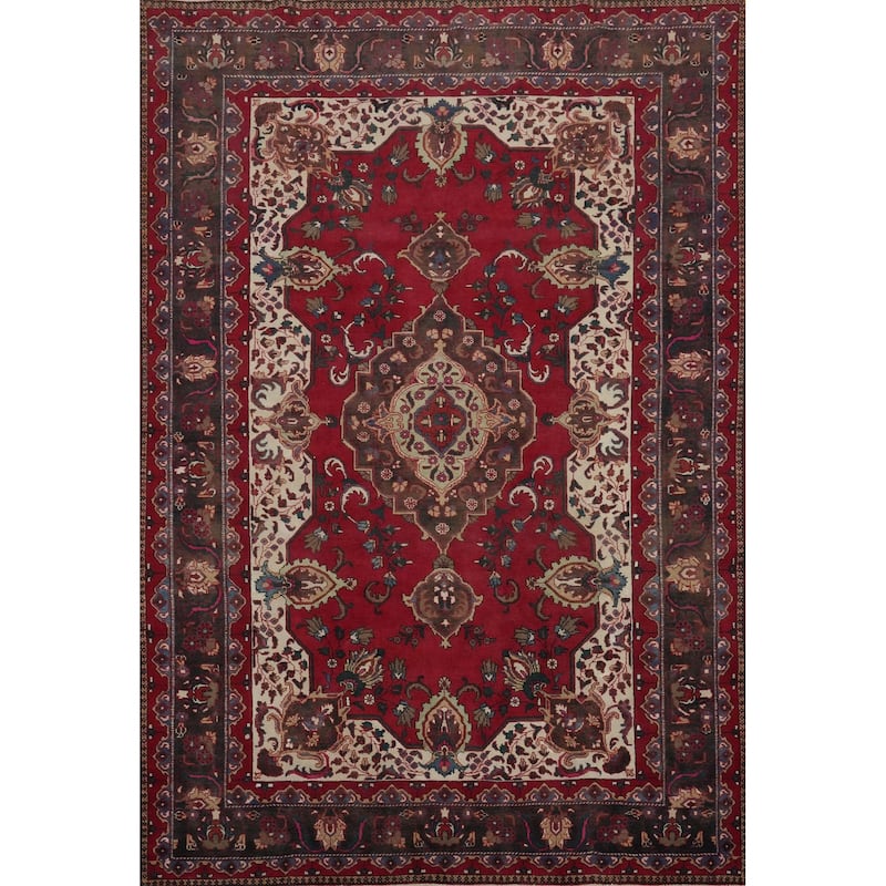 Hand Knotted Oriental 100% Wool Carpet Traditional Floral Red Heriz Area Rug - 11' 2'' X 7' 11''