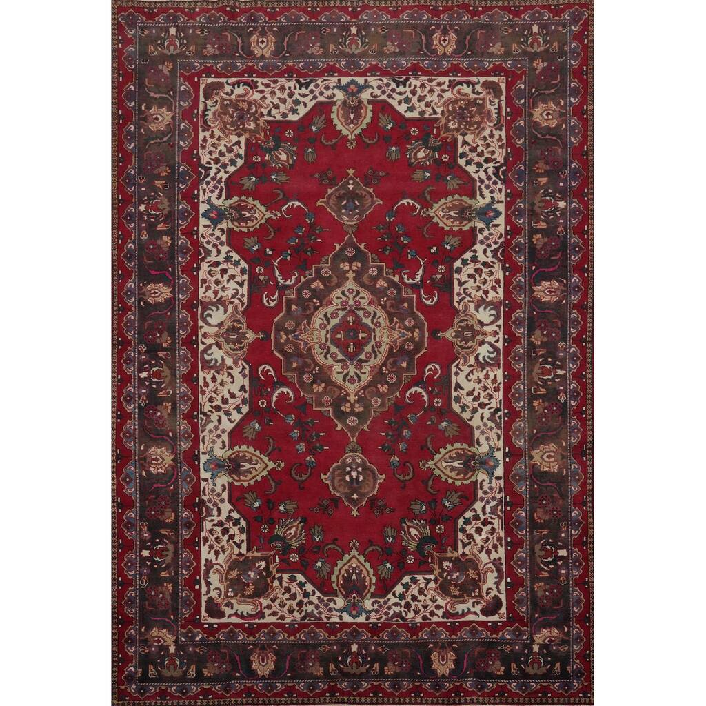 Hand Knotted Oriental 100% Wool Carpet Traditional Floral Red Heriz Area Rug - 11' 2'' X 7' 11''