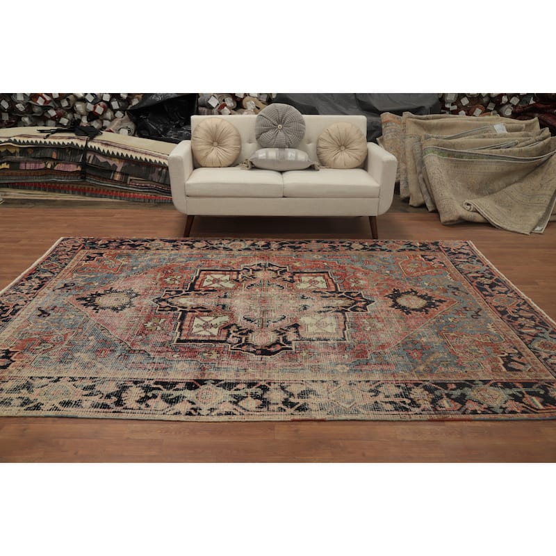 Hand Knotted Oriental 100% Wool Carpet Traditional Medallion Oranges & Rust Heriz (serapi) Area Rug - 9' 11'' X 7' 0''