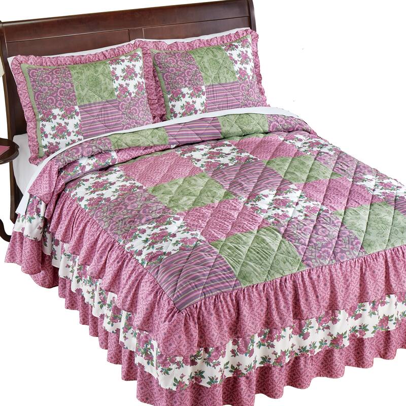 Spring Patchwork-Style Tiered Ruffled Quilted Bedspread