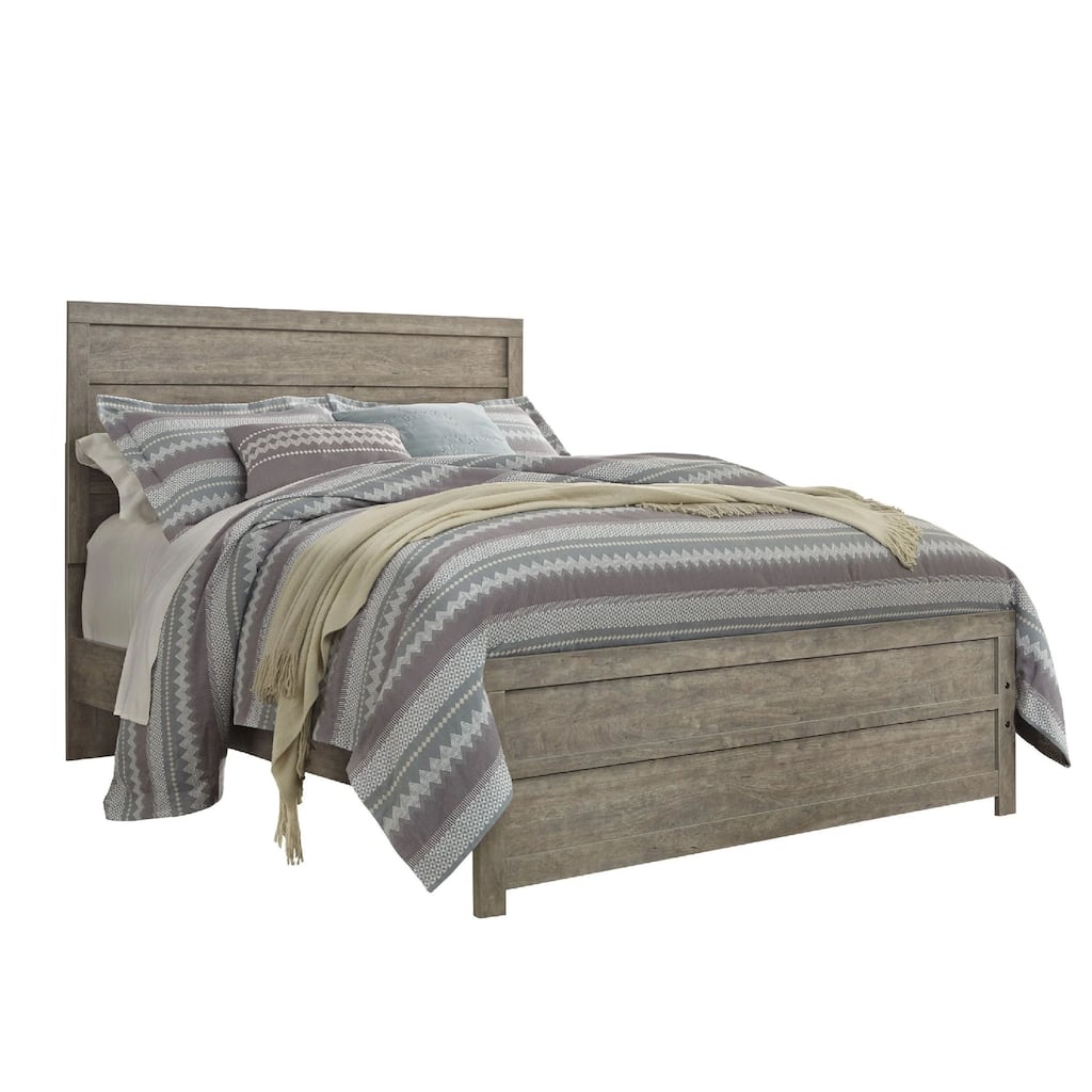 Kulv Queen Size Panel Bed with Plank-Style Design, Vintage Gray Wood