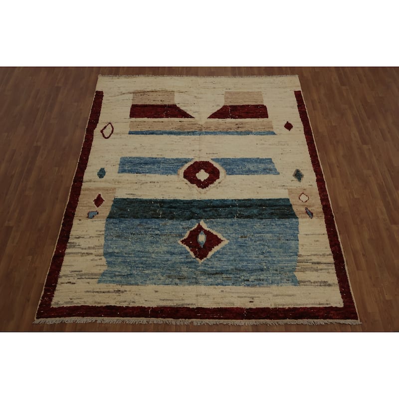 Hand Knotted Oriental 100% Wool Carpet Modern Geometric Beige & Ivories Moroccan Area Rug - 9' 10'' X 8' 3''