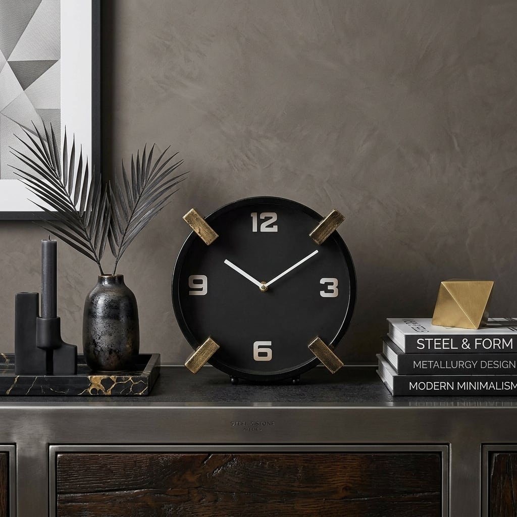 HomeRoots 10" Black Stainless Steel Table Clock - 4.50 in. x 10.00 in. x 10.00 in.
