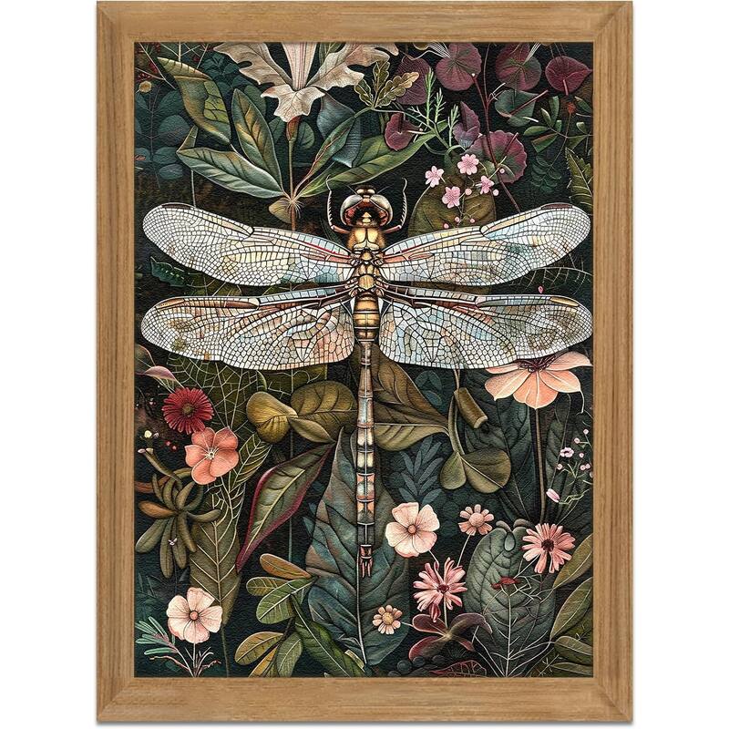 3D Textured Wall Art - Dark Green Dragonfly Flowers Wall Decor - 12 x 16