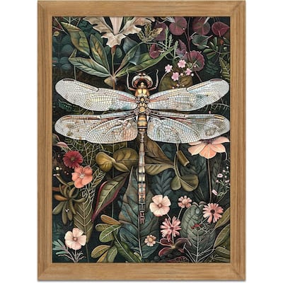 3D Textured Wall Art - Dark Green Dragonfly Flowers Wall Decor