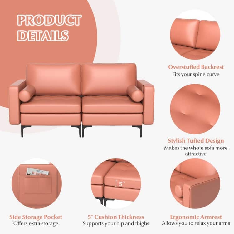 Modern Loveseat Sofa with 2 Bolsters and Side Storage Pocket - 68" x 31" x 31.5" (L x W x H)
