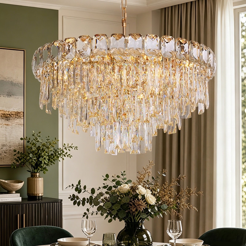 SILJOY 24 in. Modern Gold Crystal Chandelier 16-Light Round Crystal Pendant Light with Adjustable Chain for Dining Room - 24 IN.