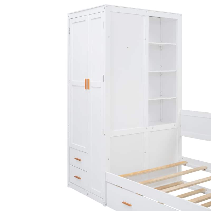 Twin Wooden Bunk Bed with Trundle, Cabinet, Wardrobe, Desk and Drawers