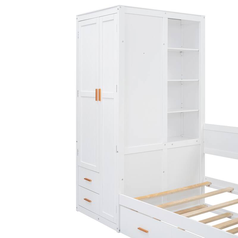 Twin Wooden Bunk Bed with Trundle, and Wardrobe, Desk & 5 Drawers - Gray Plywood, 400lb Capacity