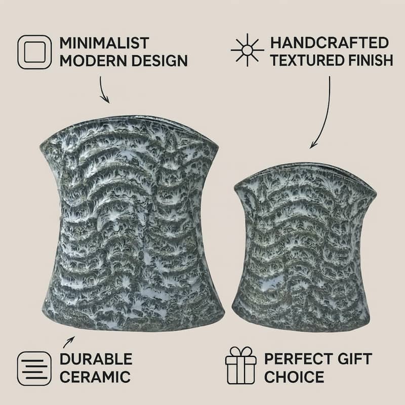 Set of Two Curved Cylinder Ceramic Vases Black and Gray Modern Home XL