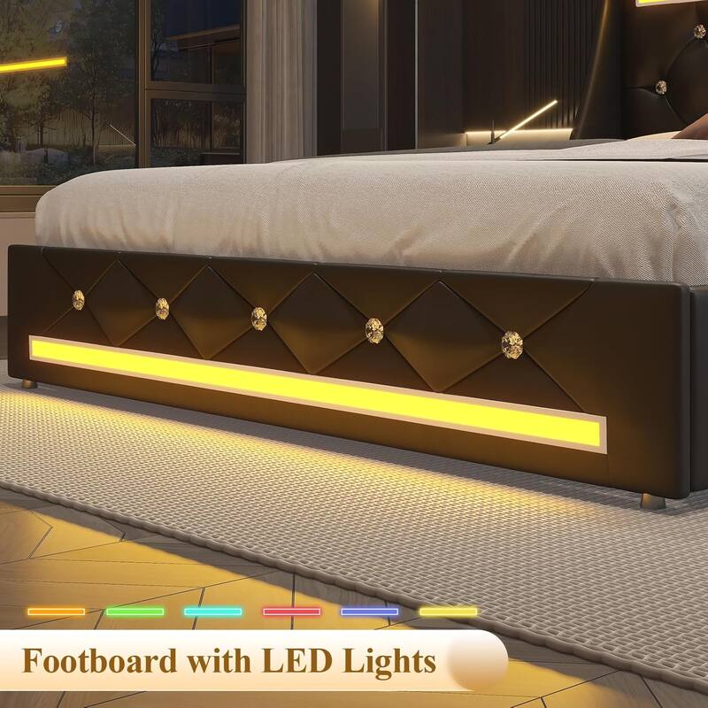 Upholstered Platform Bed Frame with Diamond Tufted Headboard, LED Lights & Charging Station
