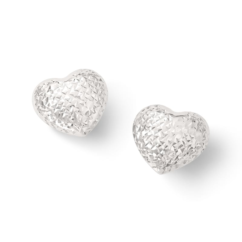 Clover 14K White Gold Diamond-Cut Puff Heart Stud Earrings