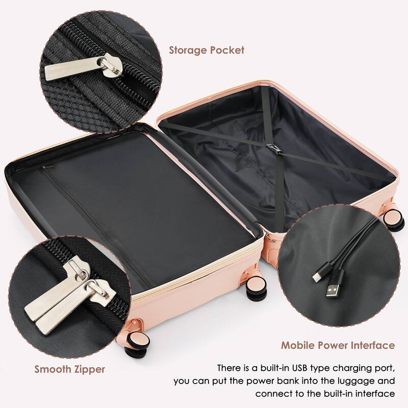 Merax Suitcases 3 Piece ABS Hardshell Front-Opening Luggage Sets with USB Port and Spinner Wheels & Cup Holder, for Men Women