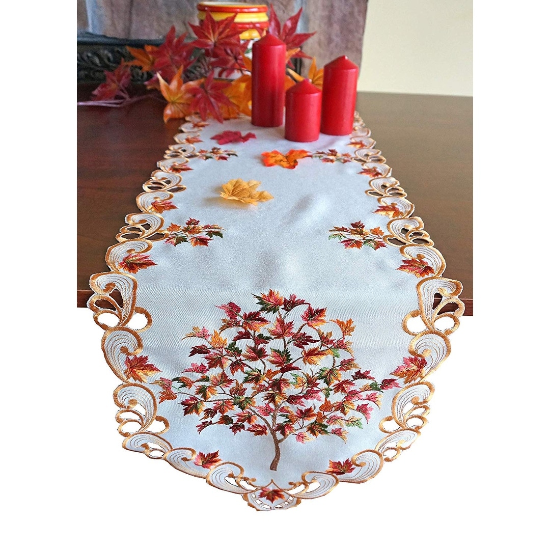 Handmade Embroidered Fall Table Runner Maple Leaves Thanksgiving Table Runner