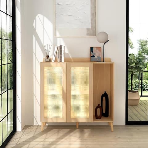 Grondin Mid-Century Modern Boho Style Accent Cabinet Chest with 2 Rattan Doors and Solid Wood Legs