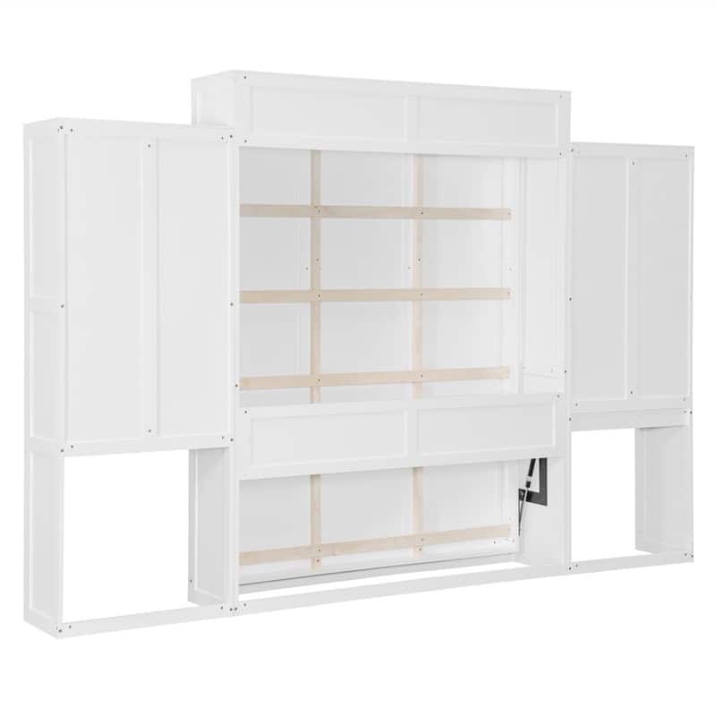 Queen Size Murphy Bed Wall Bed with Desk, Mirror and Vanity, Wooden Foldable Murphy Cabinet Bed with Storage Cabinets