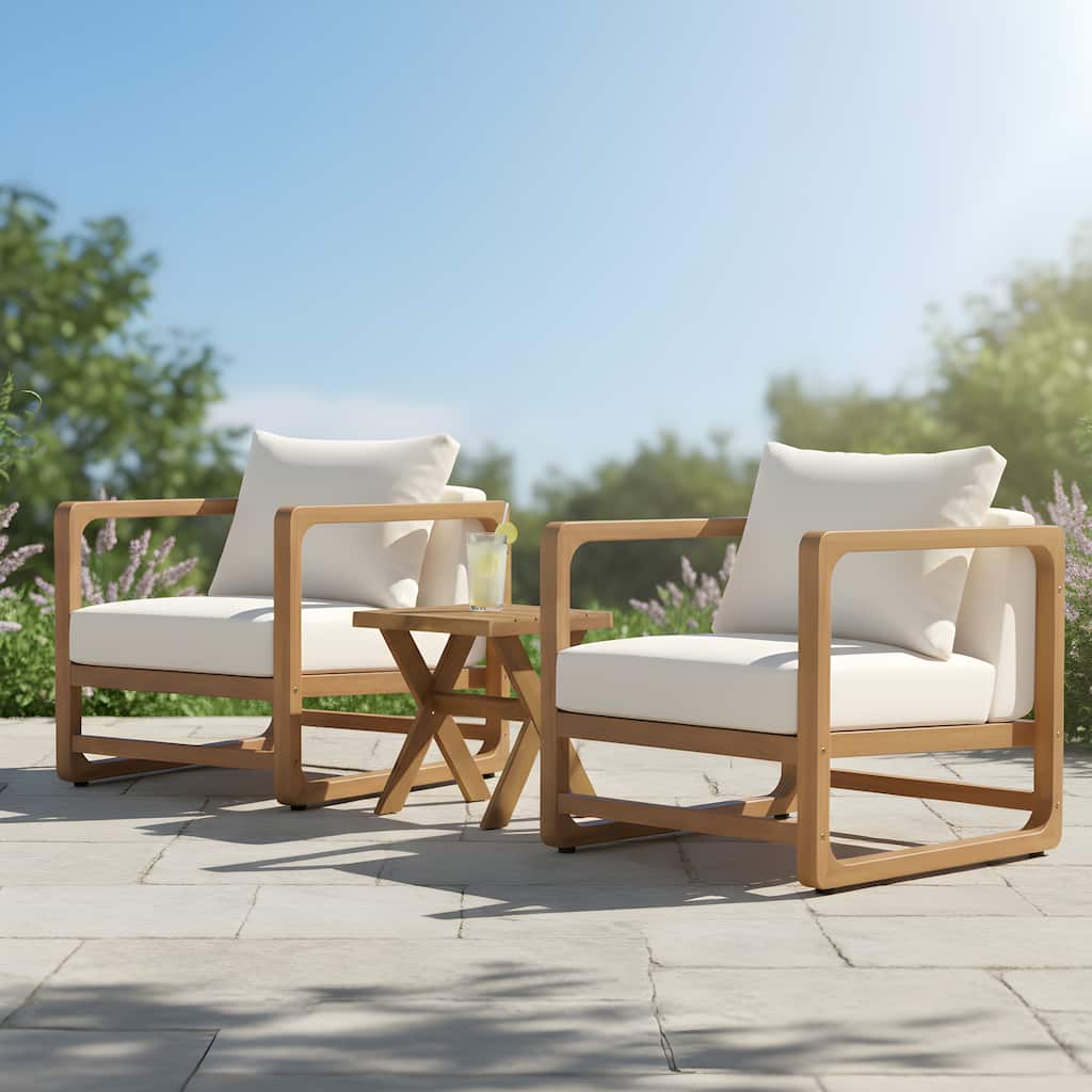 Christopher Knight Home - Modern Outdoor Acacia Wood Conversation Set with White Cushions and Side Table