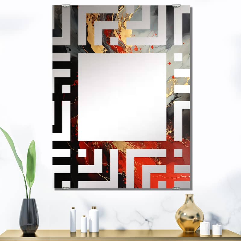 Designart "Red And Gold Marble Volcano V" Abstract Painting Mirror Red - Modern Large Wall Mirror For Bathroom - 40 in. wide x 30 in. high
