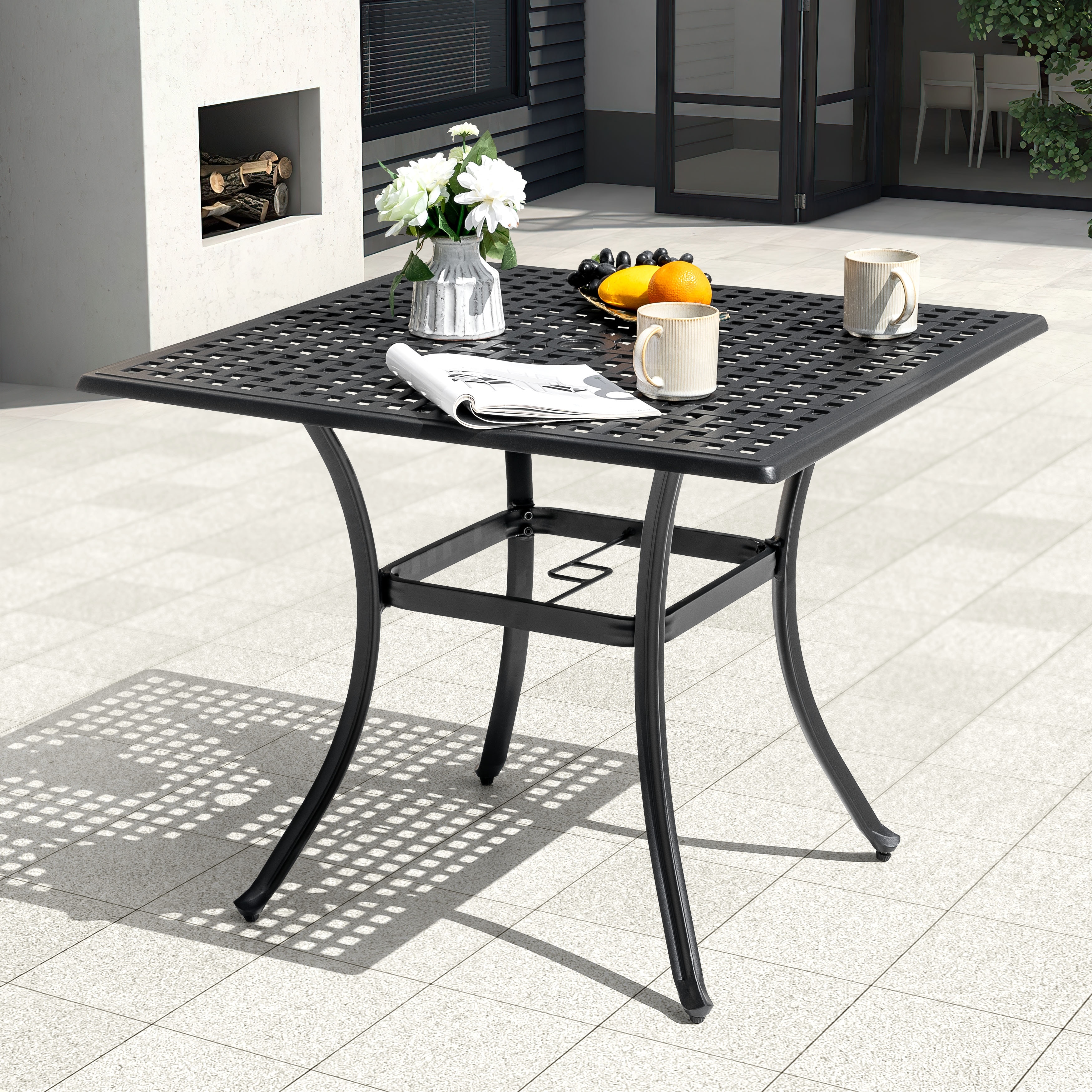 iwicker patio square steel dining table with umbrella hole Sophia & William 9pc Set for 8, Rattan Chairs Each chair is designed for easy stacking and boasts a weight capacity of 350 lbs Nuu Garden Patio Square Powder-Coated