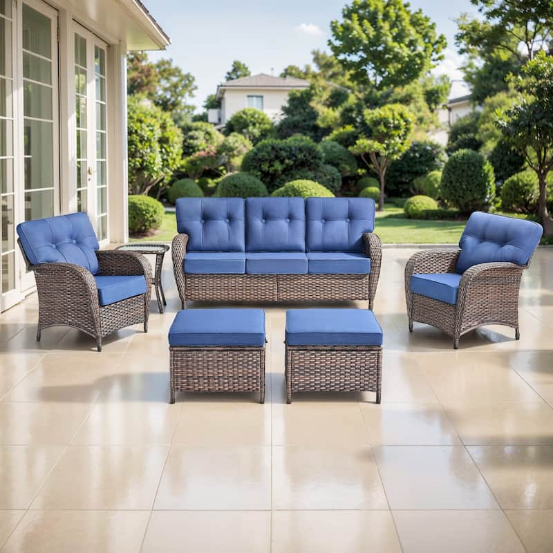 TWrap 6-Piece Patio Brown Wicker Sofa Conversation Set with 5-Inch Thick Cushions - Brown/Navy Blue - 6-Piece