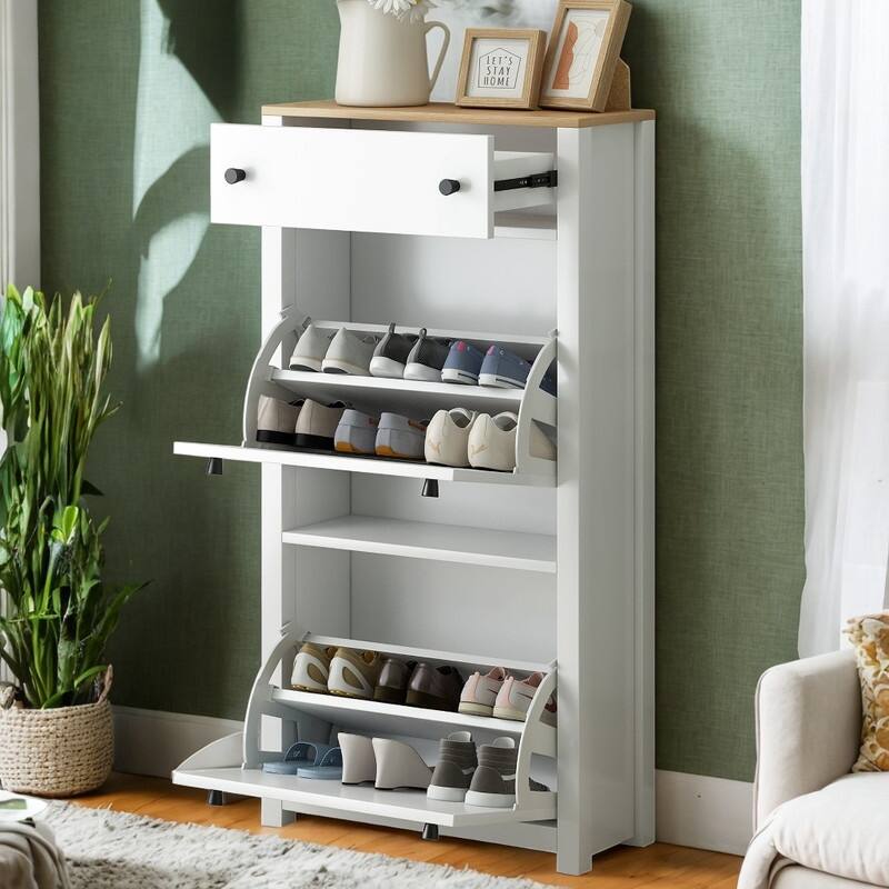 Functional Entryway Shoe Rack Wood Grain with 2 Flip Drawers