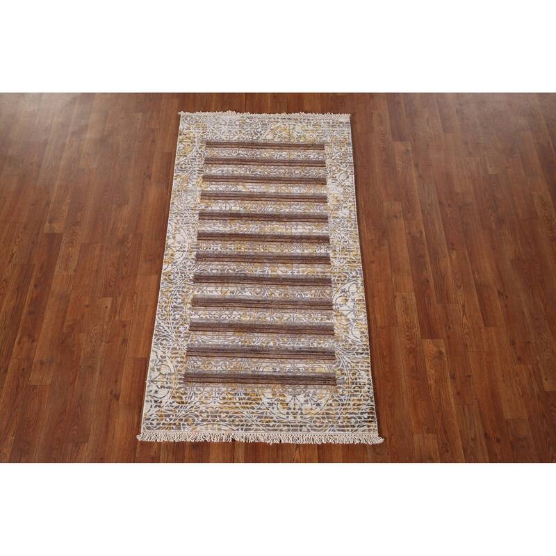 Striped Abstract Oriental Modern Accent Rug Hand-Knotted Wool Carpet - 2'9" x 4'10"