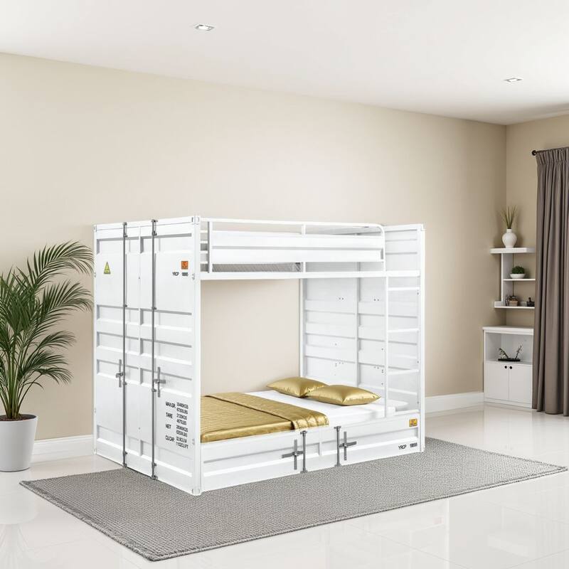 Industrial Style Full Size Bunk Bed with Recessed Panel Design, White
