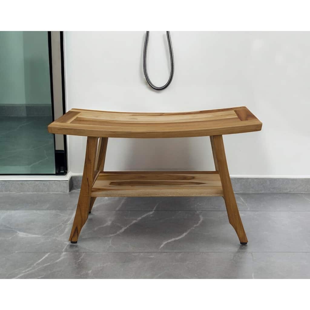 HomeRoots 28" Natural Solid Teak Rectangular Shower Bench With Shelf