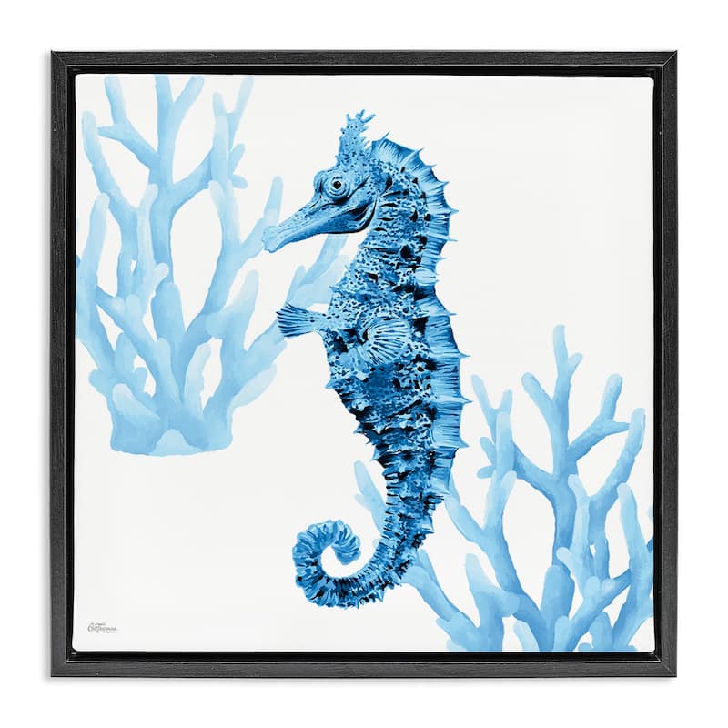 Stupell Blue Tone Seahorse & Coral Framed Floater Canvas Wall Art Design By Cat Thurman Designs - 25 x 25 - Black