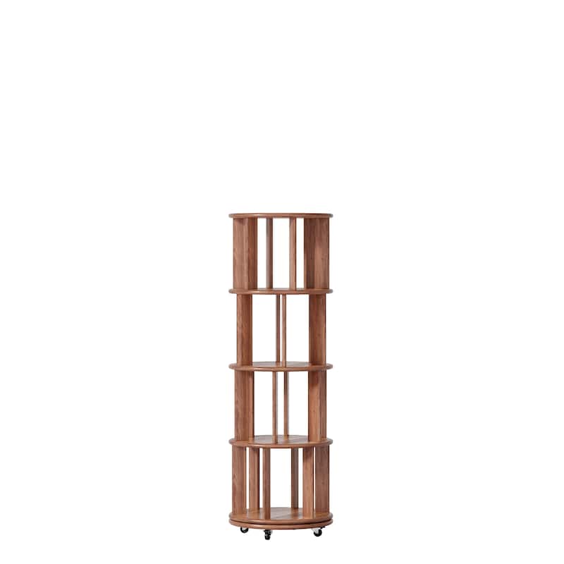 100%Solid Wood Rotating Bookshelf on Wheels, 4 Tier, Round Revolving Bookcase, 360°Spinning Book Shelf Tower