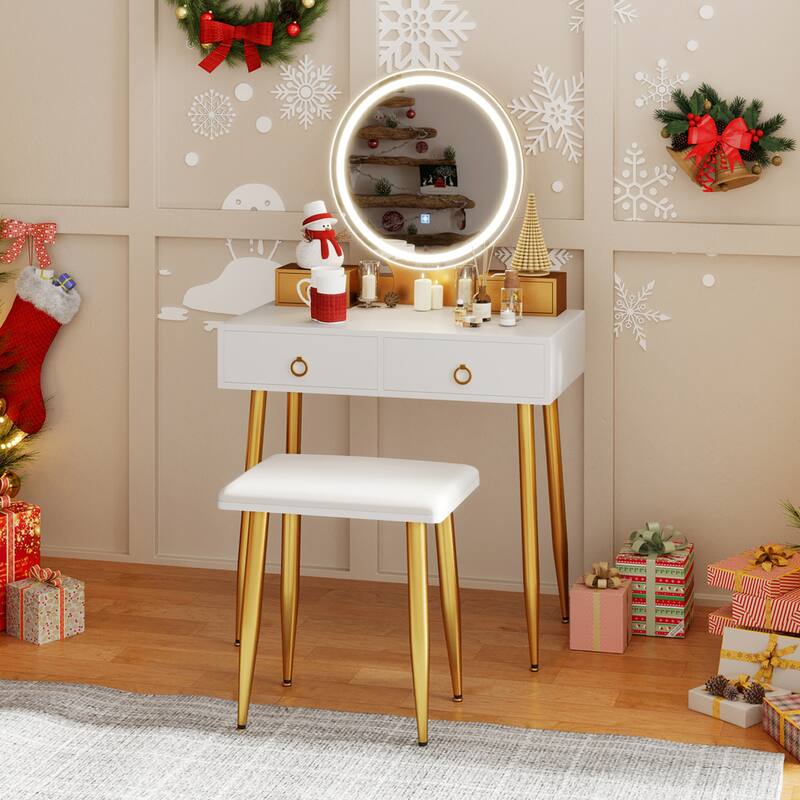 Costway Vanity Makeup Dressing Table Stool Set 3-Color Lighted Mirror - See Details - White