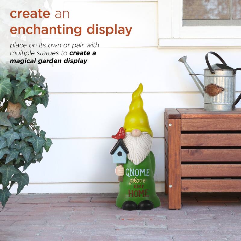Alpine Corporation 24"H "Gnome Place Like Home" Indoor/Outdoor Garden Gnome Statue, Green/Yellow