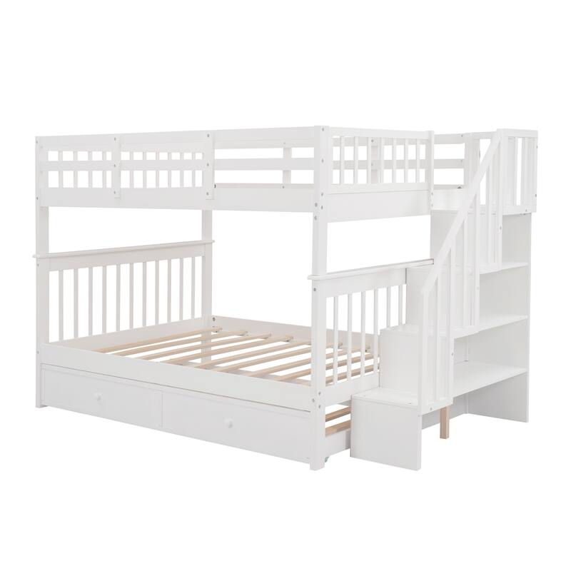 Stairway Full-Over-Full Bunk Bed with 1 Twin Trundle, 4 Open Shelves and Guard Rail