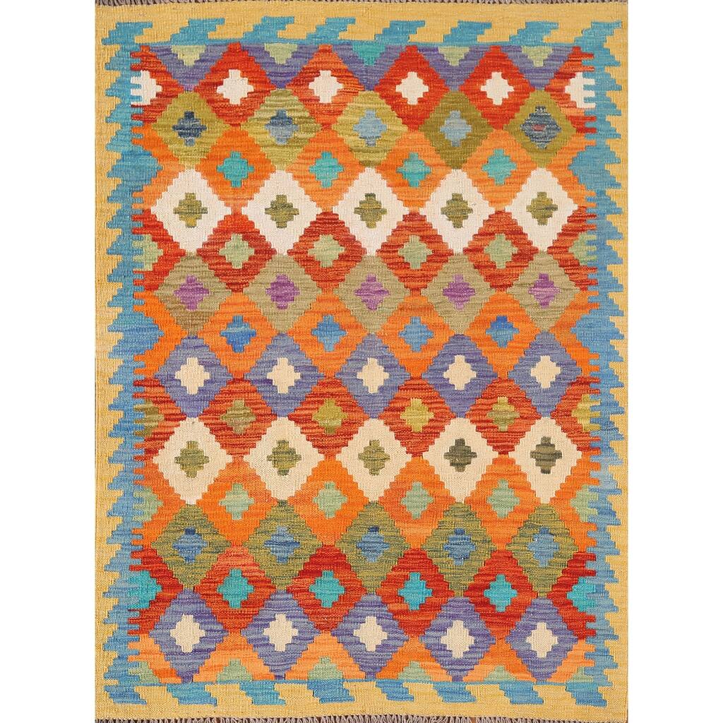 Geometric Kilim Rug Reversible Hand-Woven Wool Carpet - 4'1" x 5'6"