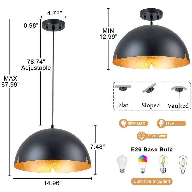 Modern 15" Iron Dome Pendant Light with Gold Foil Interior - Dia.15-in