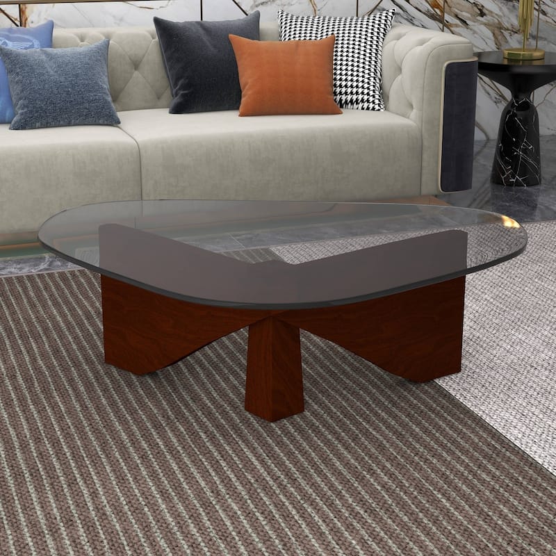 36" Triangular Mid Century Modern Accent Center Coffee Table with Glass Top and Wood Base for Living Room